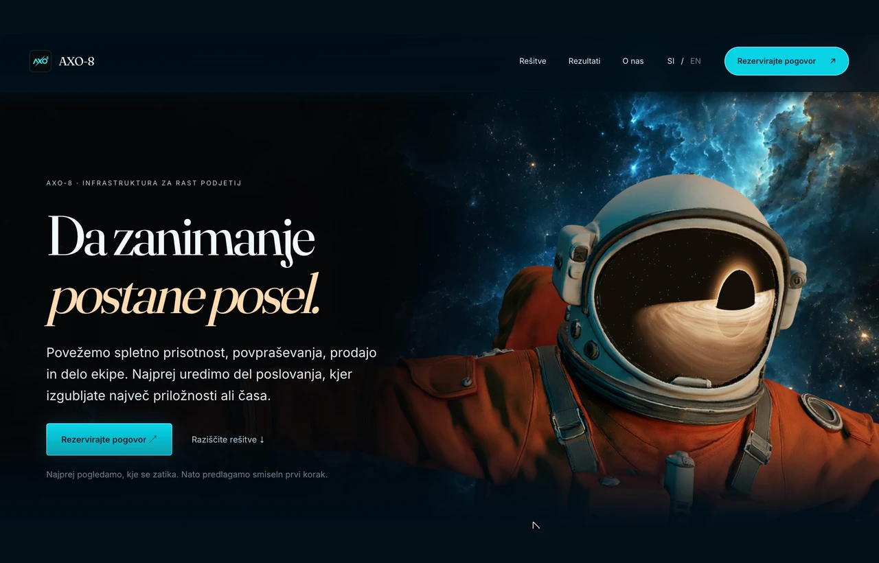 The previous AXO-8 hero with an astronaut, a galaxy and the headline Turn interest into business.